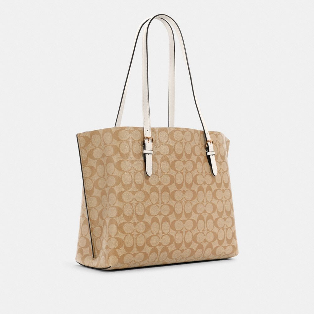 COACH®,Mollie Tote Bag In Signature Canvas,Canvas,Leather,Tote,PVC,Logo,Gold Metal,Work,Beige,Angle View