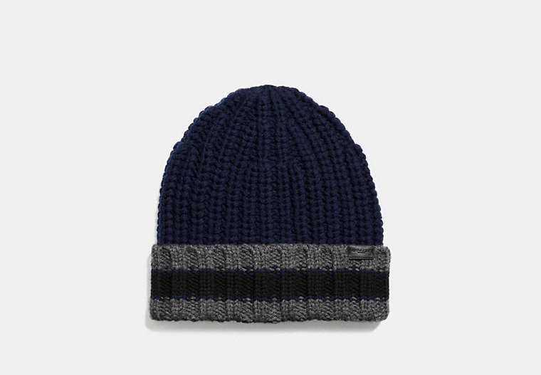 COACH®,VARSITY STRIPE KNIT BEANIE,wool,Navy/Charcoal/Black,Front View