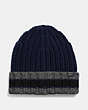 COACH®,VARSITY STRIPE KNIT BEANIE,wool,Navy/Charcoal/Black,Front View