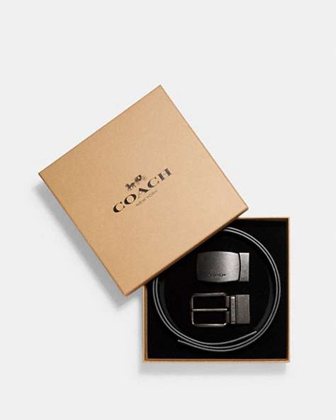 COACH®,BOXED PLAQUE AND HARNESS BUCKLE CUT-TO-SIZE REVERSIBLE BELT, 38MM,Black,Front View