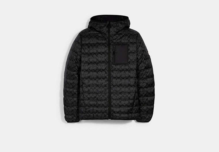COACH®,PACKABLE HOODED DOWN JACKET,n/a,Black Signature,Front View