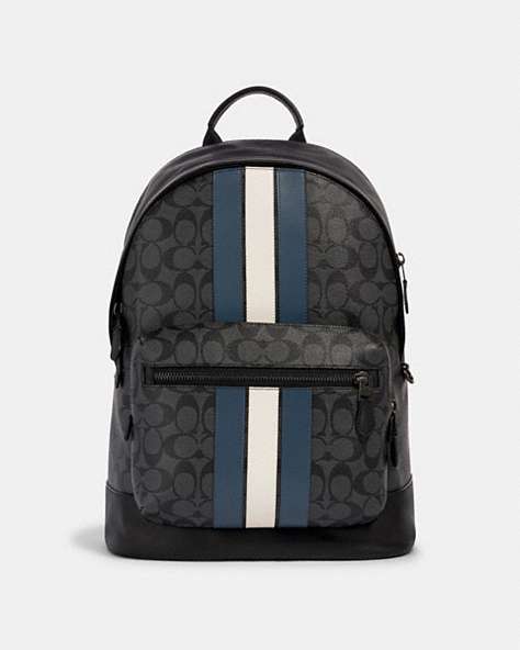COACH®,WEST BACKPACK IN SIGNATURE CANVAS WITH VARSITY STRIPE,pvc,Large,Gunmetal/Charcoal/Denim/Chalk,Front View