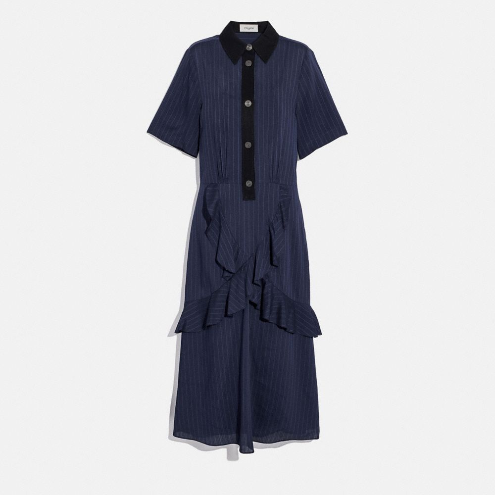 COACH® Striped Long Ruffle Shirt Dress
