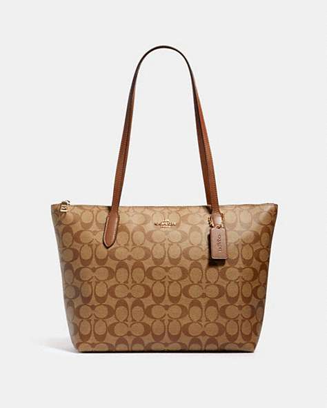 COACH®,ZIP TOP TOTE IN SIGNATURE CANVAS,pvc,Large,Everyday,Gold/Khaki Saddle 2,Front View