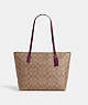 COACH®,ZIP TOP TOTE IN SIGNATURE CANVAS,pvc,Large,Everyday,Gold/Khaki/Deep Berry,Front View