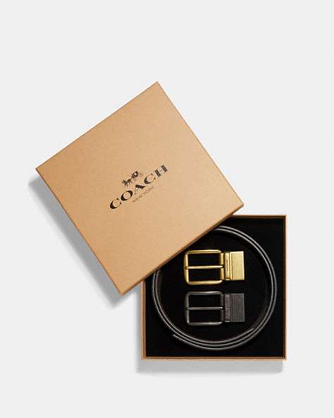 COACH®,BOXED HARNESS BUCKLE CUT-TO-SIZE REVERSIBLE BELT, 38MM,Black Dark Brown,Front View