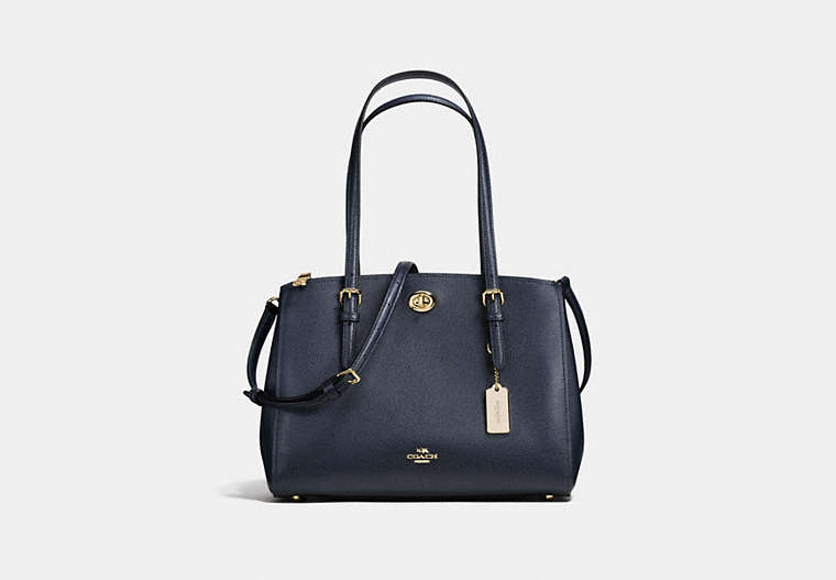 COACH®,TURNLOCK CARRYALL 29,PU Split Leather,Large,Light Gold/Navy,Front View