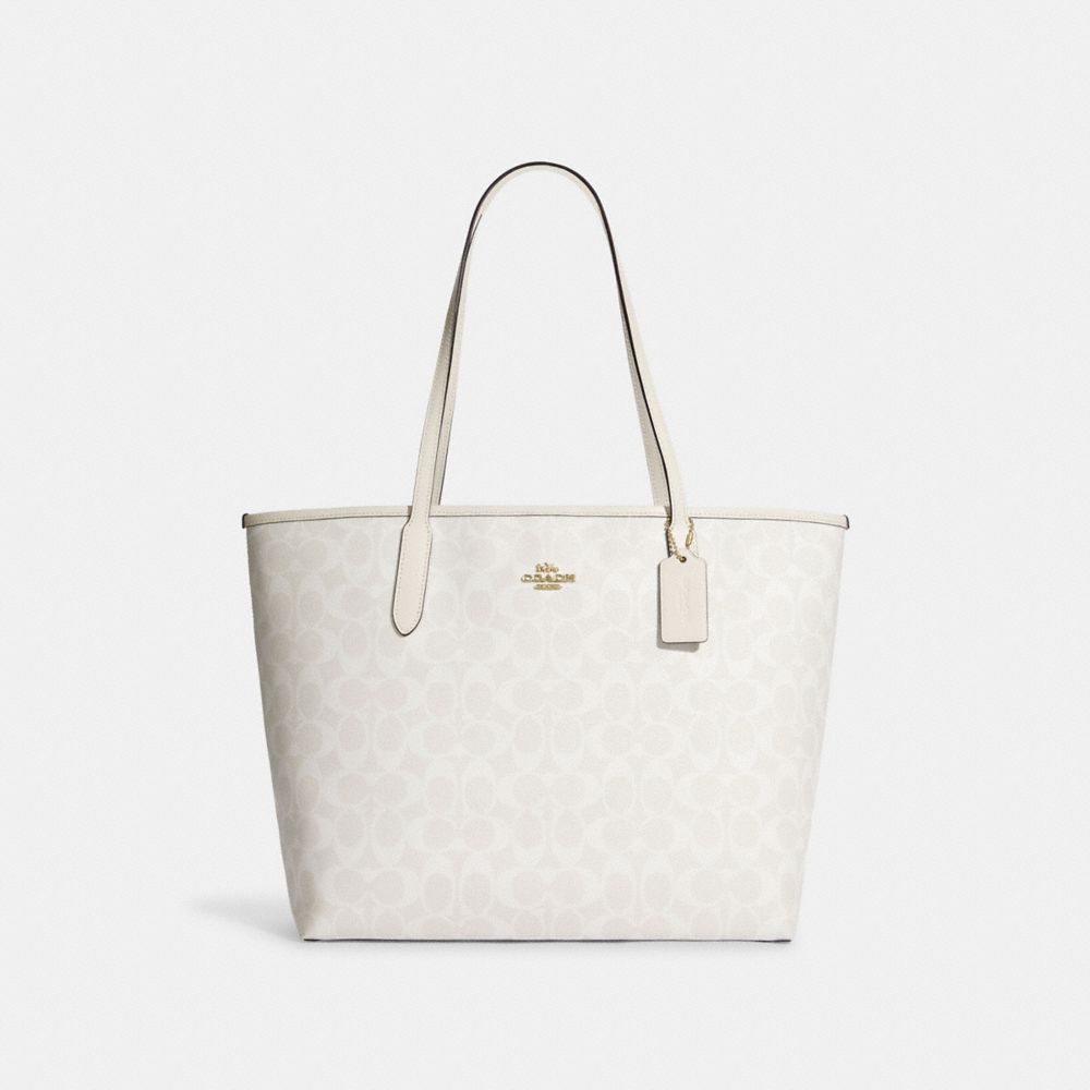 COACH®,CITY TOTE IN SIGNATURE CANVAS,pvc,Large,Everyday,Gold/Chalk/Glacierwhite,Front View