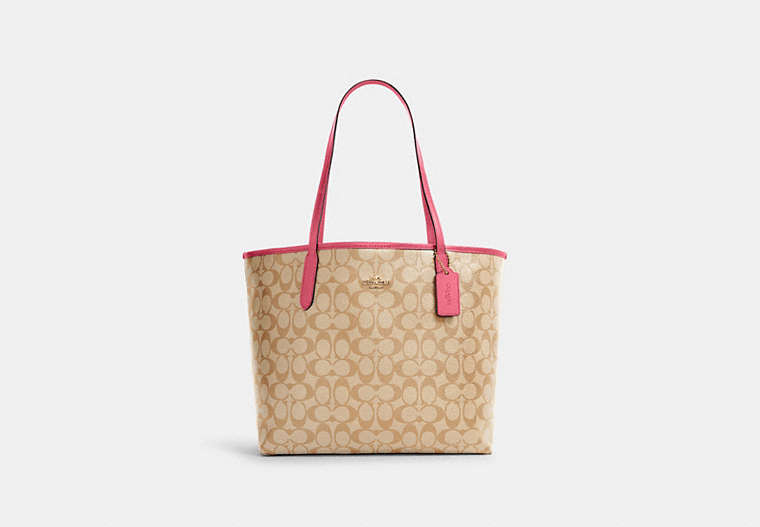 COACH®,CITY TOTE IN SIGNATURE CANVAS,pvc,Large,Everyday,Gold/Light Khaki/Confetti Pink,Front View