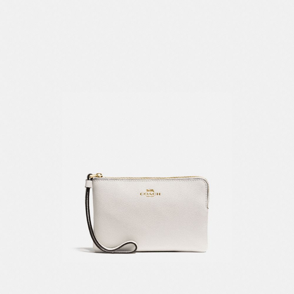 COACH®,Corner Zip Wristlet,Leather,Pouch,Wristlet,Color Block,Logo,Embossed,Gold Metal,Casual,White,Front View