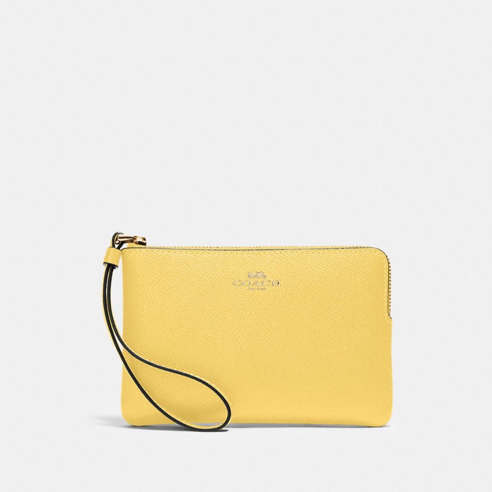COACH®,Corner Zip Wristlet,Leather,Pouch,Wristlet,Color Block,Logo,Embossed,Gold Metal,Casual,Yellow,Front View