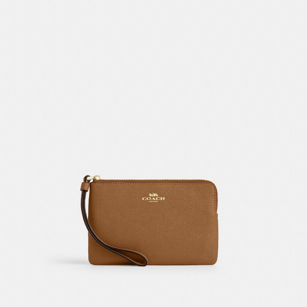 COACH®,Corner Zip Wristlet,Leather,Pouch,Wristlet,Color Block,Logo,Embossed,Gold Metal,Casual,Brown,Front View