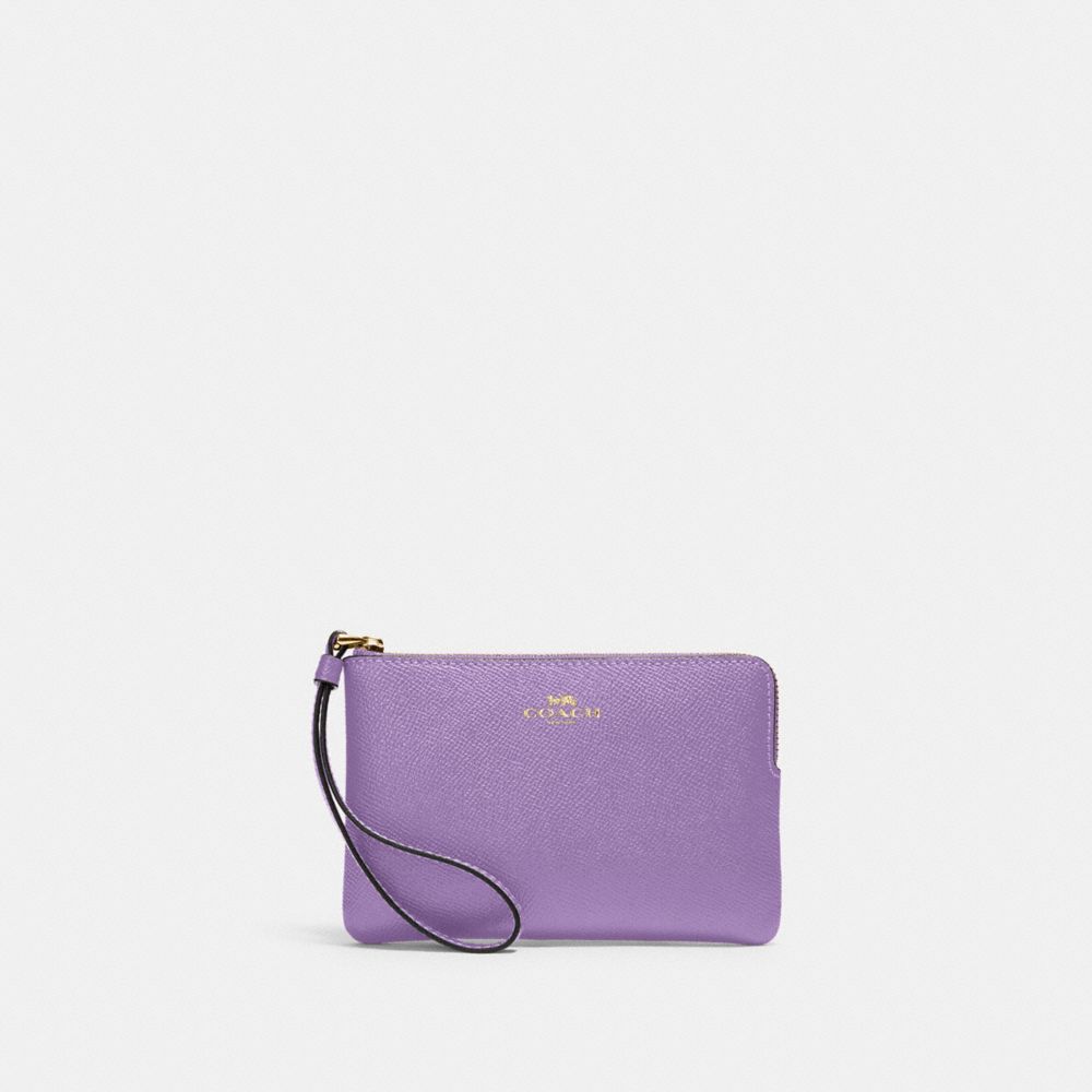 COACH®,Corner Zip Wristlet,Leather,Pouch,Wristlet,Color Block,Logo,Embossed,Gold Metal,Casual,Purple,Front View