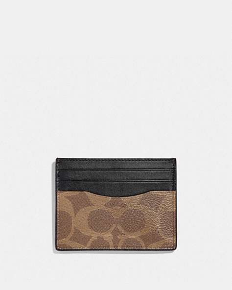 COACH®,SLIM ID CARD CASE IN SIGNATURE CANVAS,Gunmetal/Tan,Front View