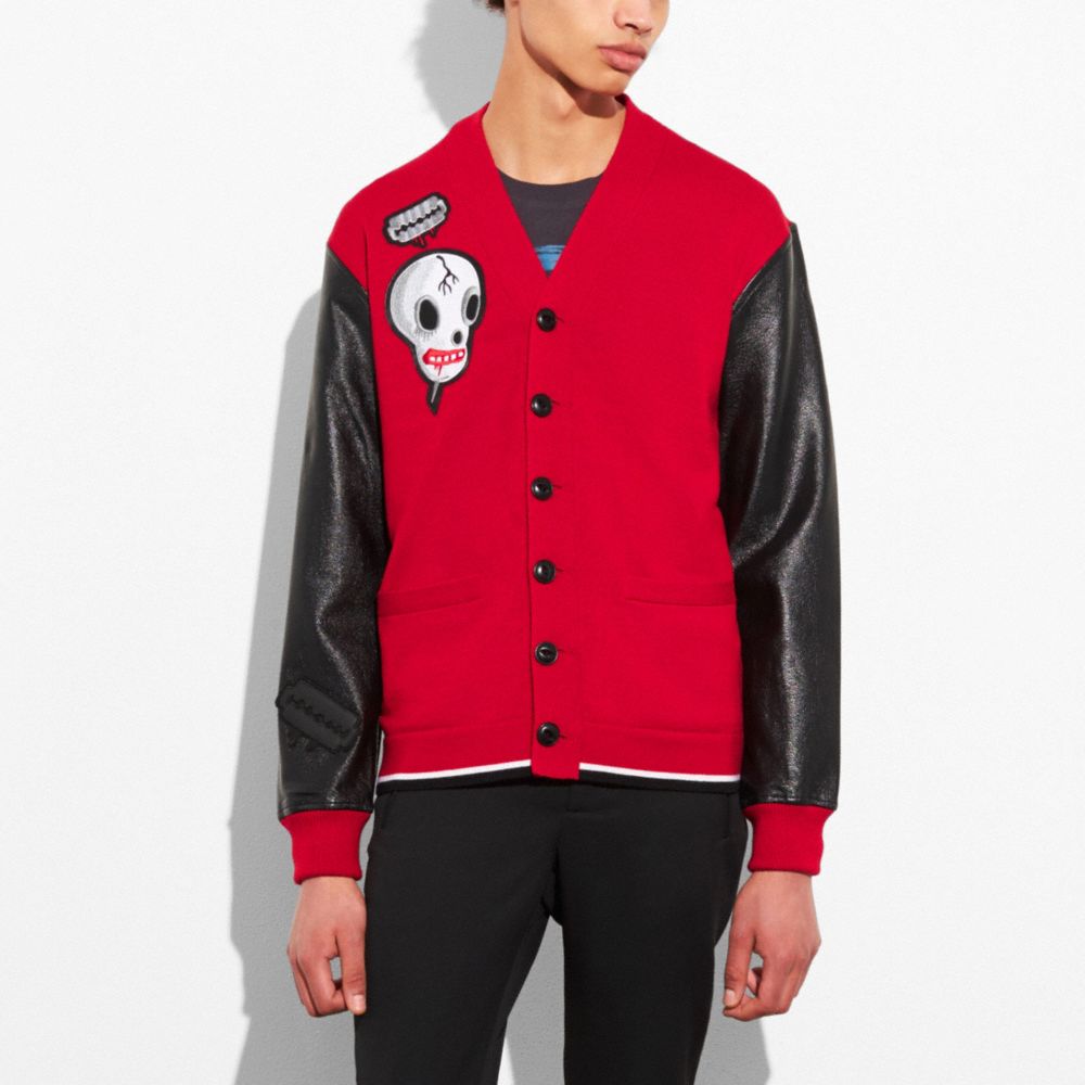 V Neck Leather Sleeve Cardigan COACH®