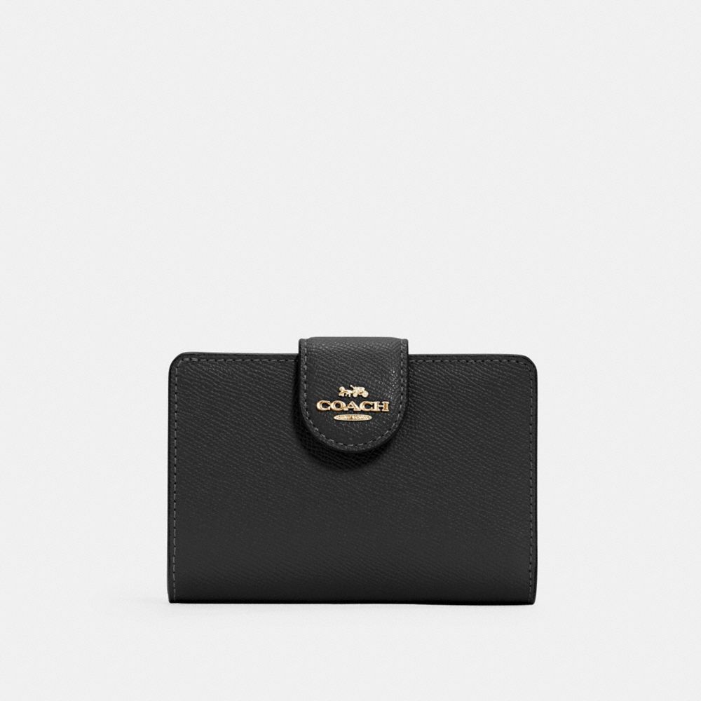 COACH®,MEDIUM CORNER ZIP WALLET,Leather,Mini,Gold/Black,Front View