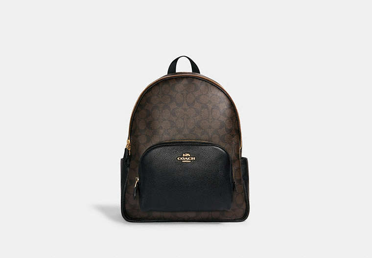 COACH®,LARGE COURT BACKPACK IN SIGNATURE CANVAS,pvc,Large,Everyday,Gold/Brown Black,Front View