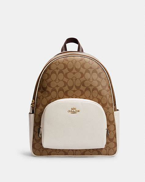 COACH®,LARGE COURT BACKPACK IN SIGNATURE CANVAS,pvc,Large,Everyday,Gold/Khaki/Chalk,Front View