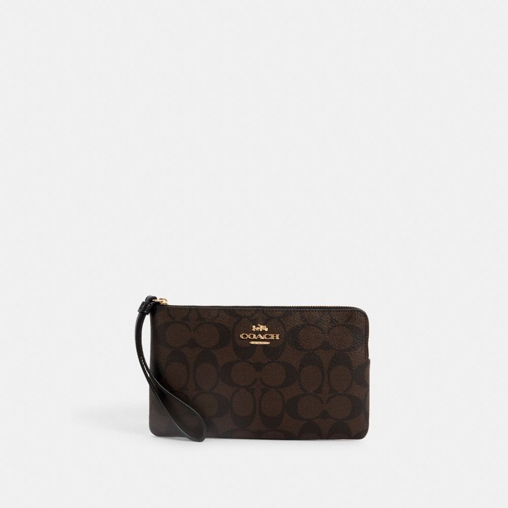 Coach 58035 Corner Zip Wristlet In Signature Canvas IN Brown Black 