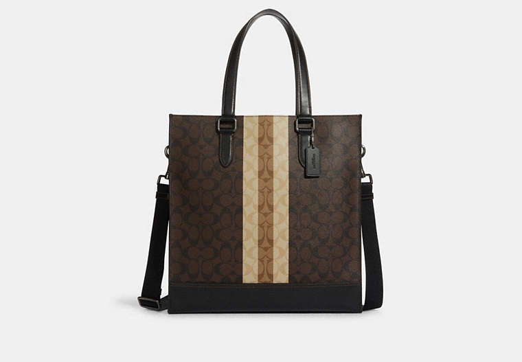 COACH®,GRAHAM STRUCTURED TOTE IN BLOCKED SIGNATURE CANVAS WITH VARSITY STRIPE,Leather,Large,Gunmetal/Mahogany Multi,Front View