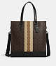 COACH®,GRAHAM STRUCTURED TOTE IN BLOCKED SIGNATURE CANVAS WITH VARSITY STRIPE,Leather,Large,Gunmetal/Mahogany Multi,Front View