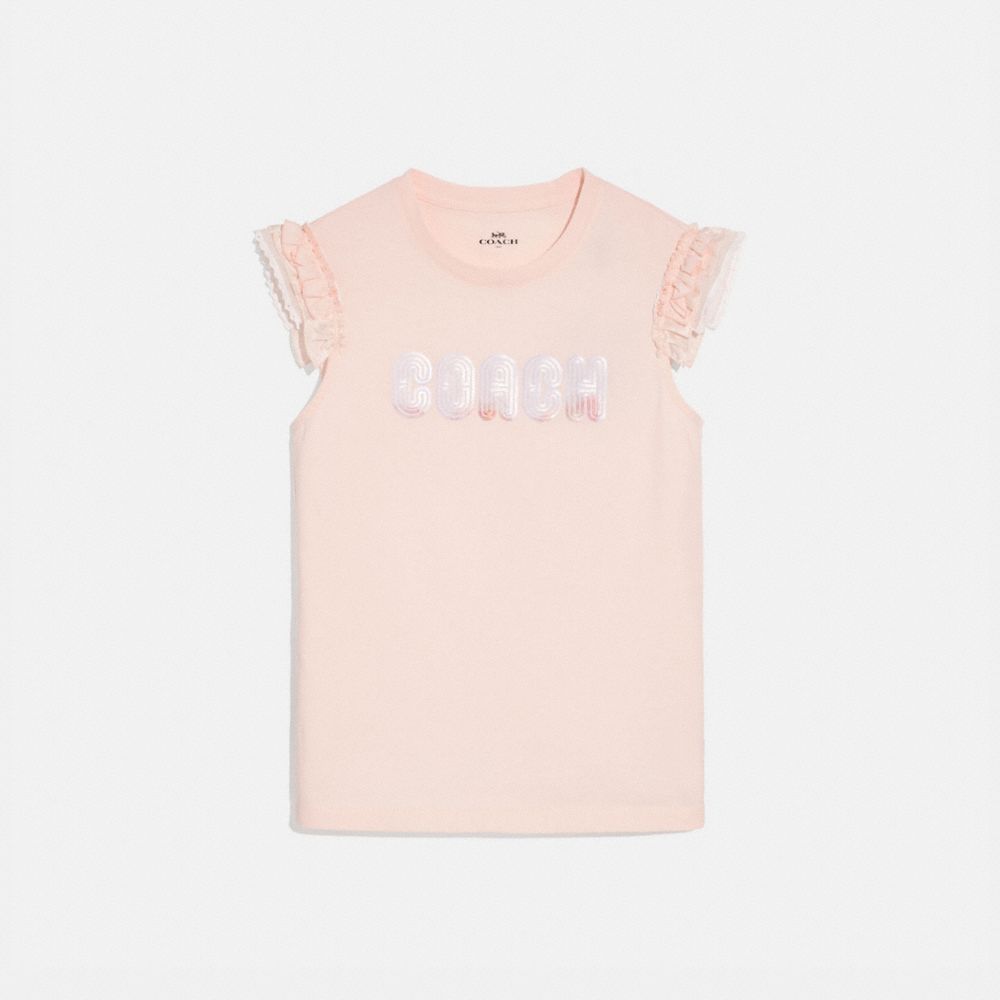 COACH® Coach Print T Shirt With Embroidered Cap Sleeves
