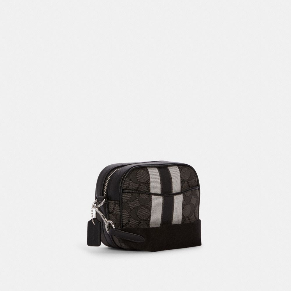 COACH®,Mini Dempsey Camera Bag In Signature Jacquard With Stripe And Coach Patch,,Angle View