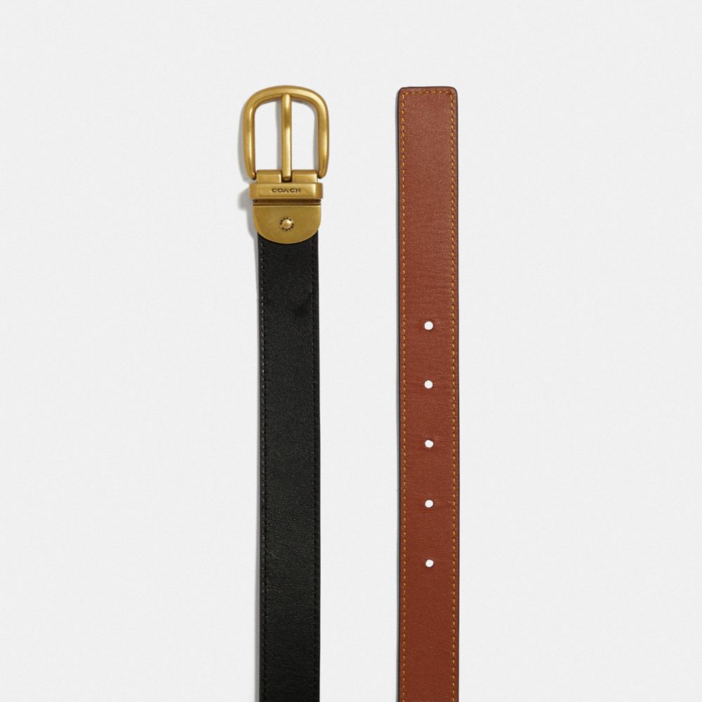 COACH®,Harness Buckle Reversible Belt, 25 Mm,Leather,Standard,Logo,Reversible,Gold Metal,Casual,Work,Black,Angle View