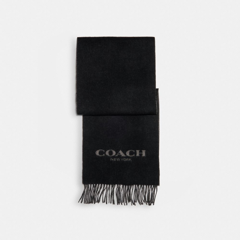 COACH®,Signature Scarf,Cashmere,Wool,Rectangle,Logo,Fringe,Word Embellishment,Casual,Black,Front View