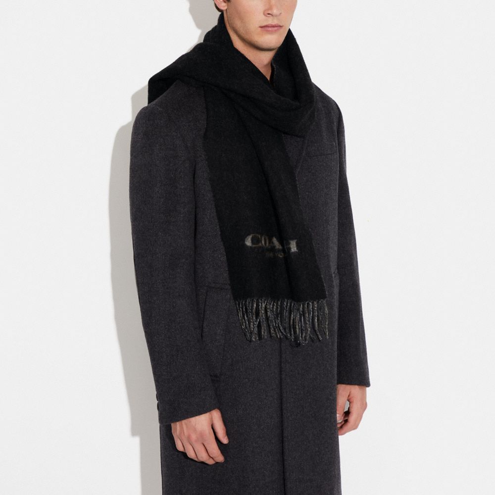 COACH®,Signature Scarf,Cashmere,Wool,Rectangle,Logo,Fringe,Word Embellishment,Casual,Black,Detail View