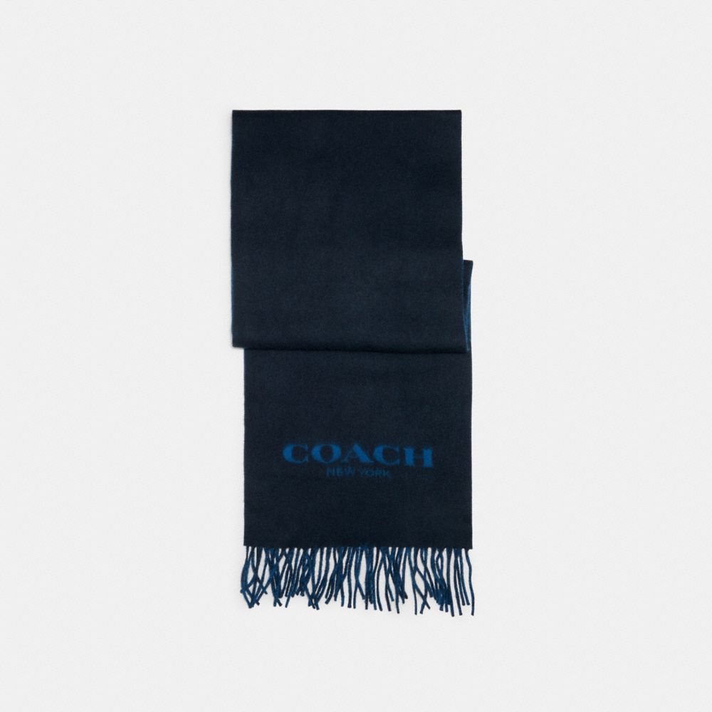 COACH®,Signature Scarf,Cashmere,Wool,Rectangle,Logo,Fringe,Word Embellishment,Casual,Navy,Front View