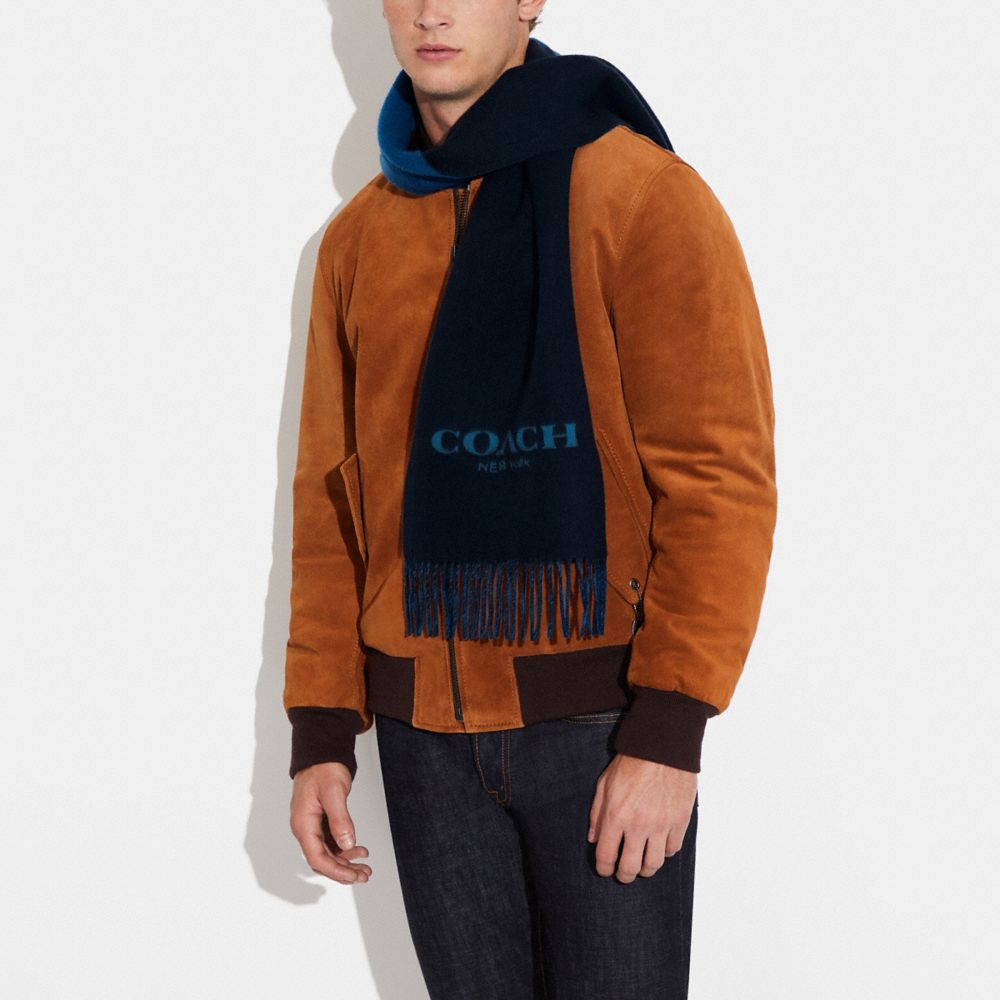 COACH®,Signature Scarf,Cashmere,Wool,Rectangle,Logo,Fringe,Word Embellishment,Casual,Navy,Detail View