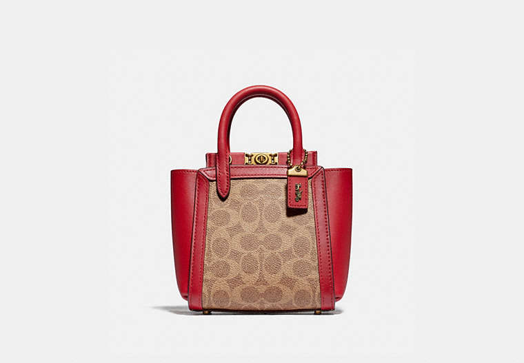 COACH®,TROUPE TOTE 16 IN SIGNATURE CANVAS,Coated Canvas,Small,Brass/Tan Red Apple,Front View