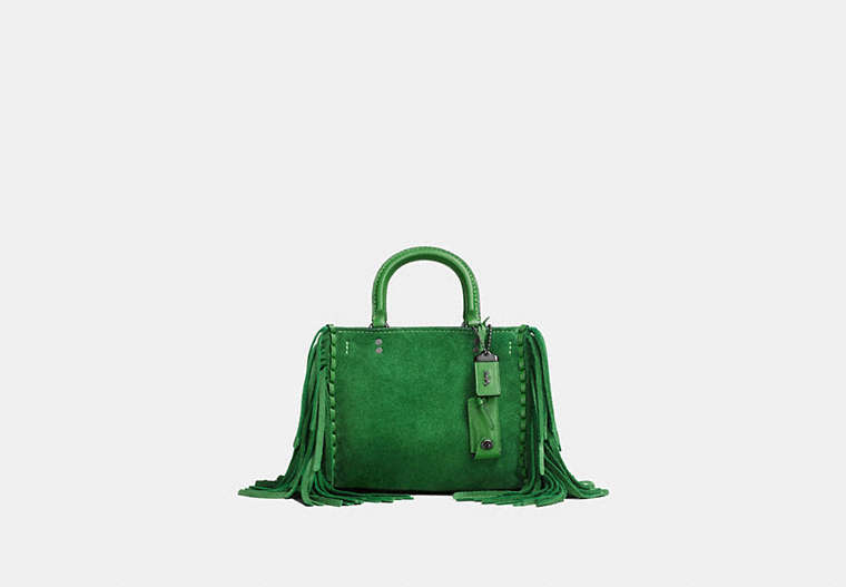 COACH®,ROGUE 25 WITH FRINGE,Leather,Medium,Black Copper/Kelly Green,Front View