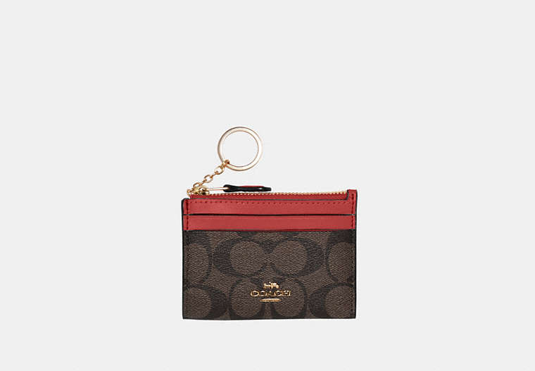 COACH®,MINI SKINNY ID CASE IN SIGNATURE CANVAS,pvc,Mini,Gold/Brown 1941 Red,Front View