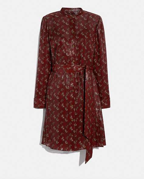 Lunar New Year Horse And Carriage Print Pleated Shirt Dress