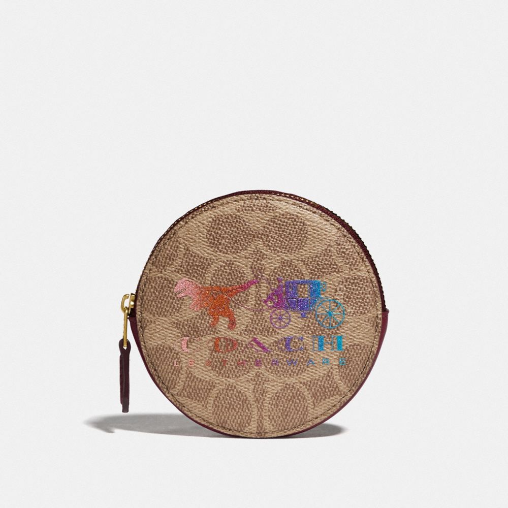 Round Coin Case In Signature Canvas With Rexy And Carriage COACH®