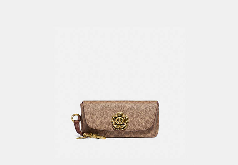 COACH®,SUNGLASS CASE BAG CHARM IN SIGNATURE CANVAS,Leather,Brass/Tan/Rust,Front View