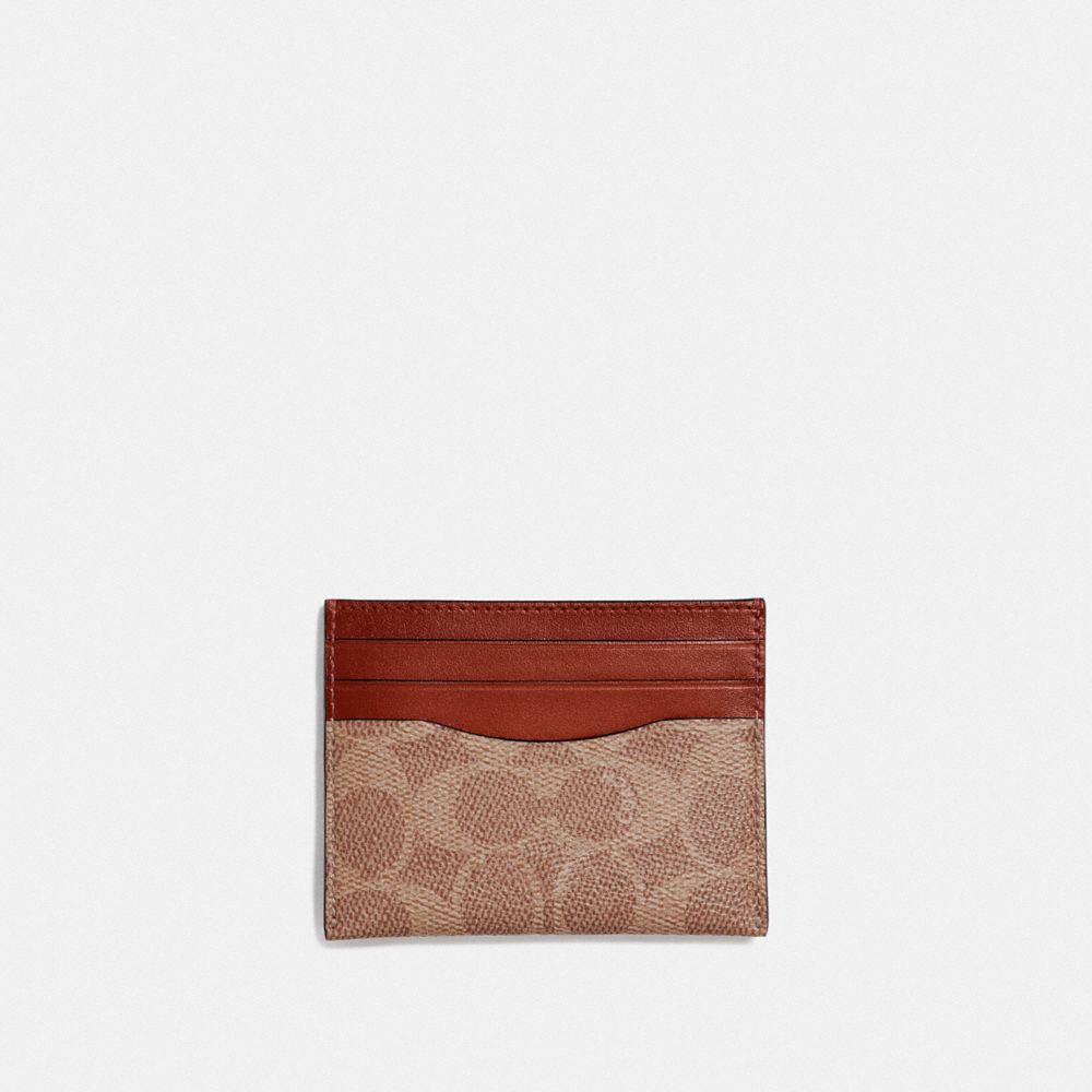 Coach Card Case In Signature Canvas In Tan/rust