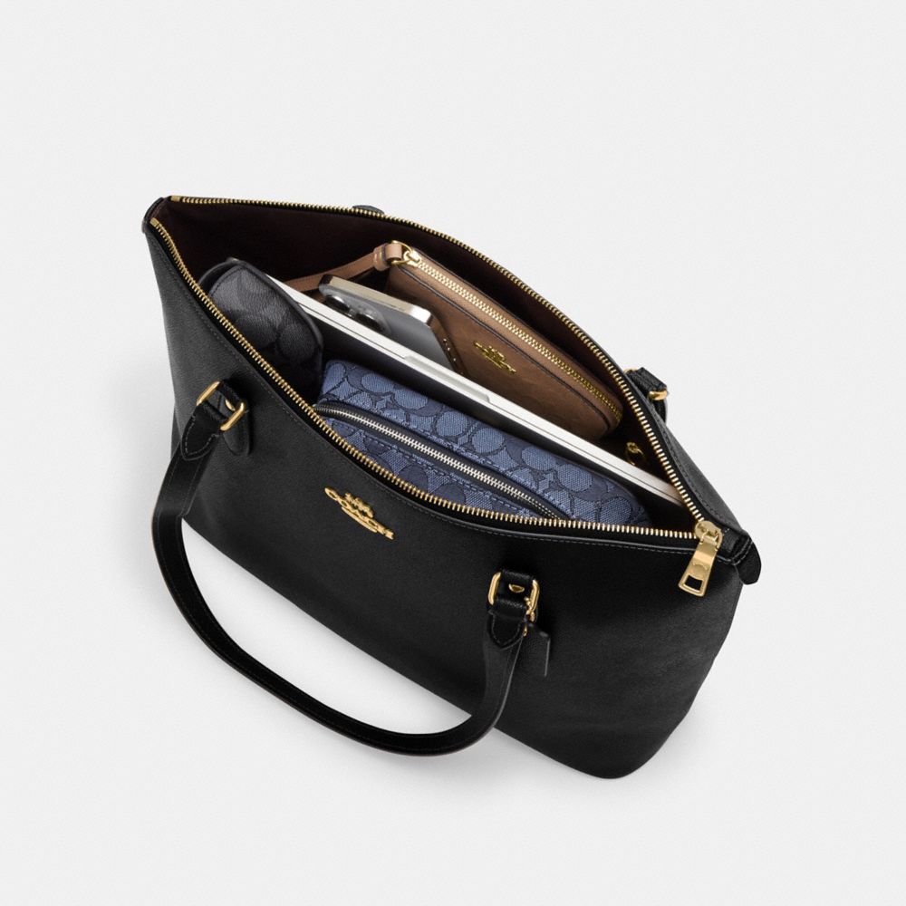 COACH®,Gallery Tote Bag In Signature Canvas,Leather,Canvas,Tote,PVC,Logo,Gold Metal,Work,Beige,Inside View, Top View