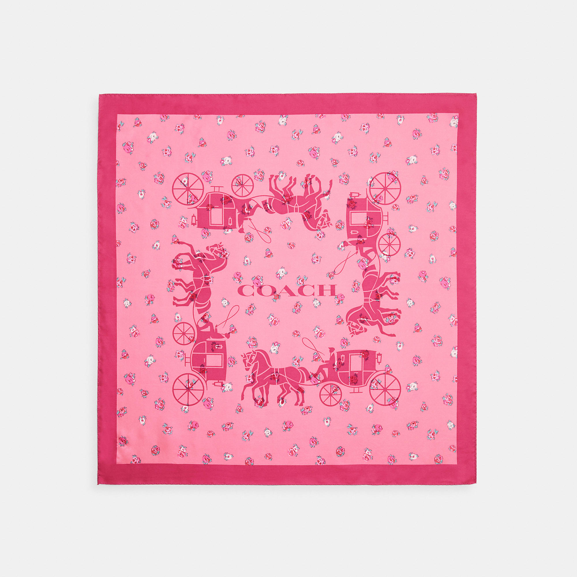 Coach Outlet Horse And Carriage Tea Rose Print Silk Bandana In Pink