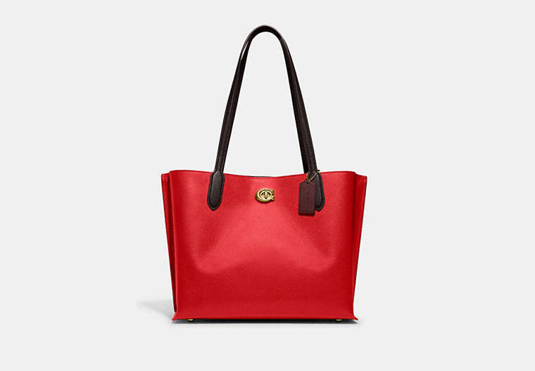 COACH®,WILLOW TOTE IN COLORBLOCK,Pebble Leather,Large,Brass/Sport Red Multi,Front View