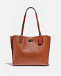 COACH®,WILLOW TOTE IN COLORBLOCK WITH SIGNATURE CANVAS INTERIOR,Pebble Leather,Large,Pewter/1941 Saddle Multi,Front View