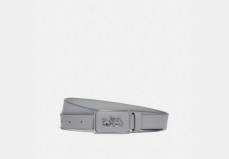 COACH®,HORSE AND CARRIAGE PLAQUE BUCKLE BELT, 25MM,Smooth Leather,Pewter/Granite,Front View