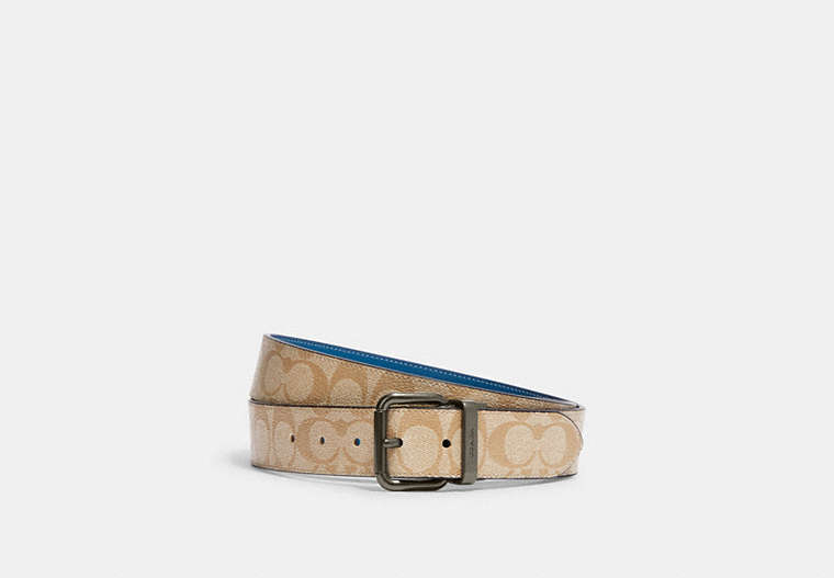 COACH®,ROLLER BUCKLE CUT-TO-SIZE REVERSIBLE BELT, 38MM,Leather,Black Antique Nickel/Light Khaki/Blue Jay,Front View