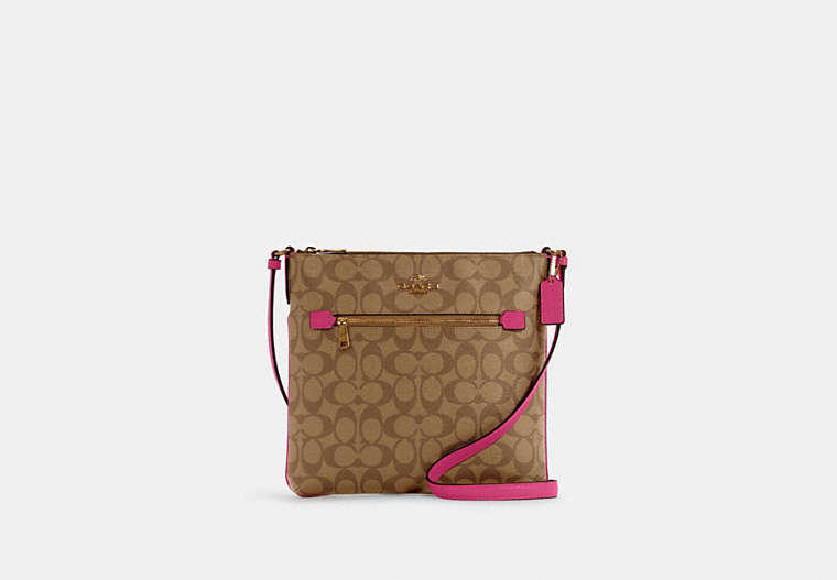 COACH®,ROWAN FILE BAG IN SIGNATURE CANVAS,pvc,Small,Everyday,Gold/Khaki/Bold Pink,Front View