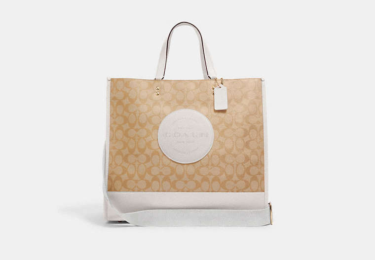 COACH®,DEMPSEY TOTE 40 IN SIGNATURE CANVAS WITH COACH PATCH,pvc,Large,Gold/Light Khaki Chalk,Front View