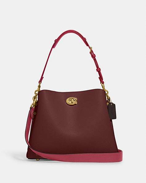 COACH®,WILLOW SHOULDER BAG IN COLORBLOCK,Pebble Leather,Large,Brass/Wine,Front View