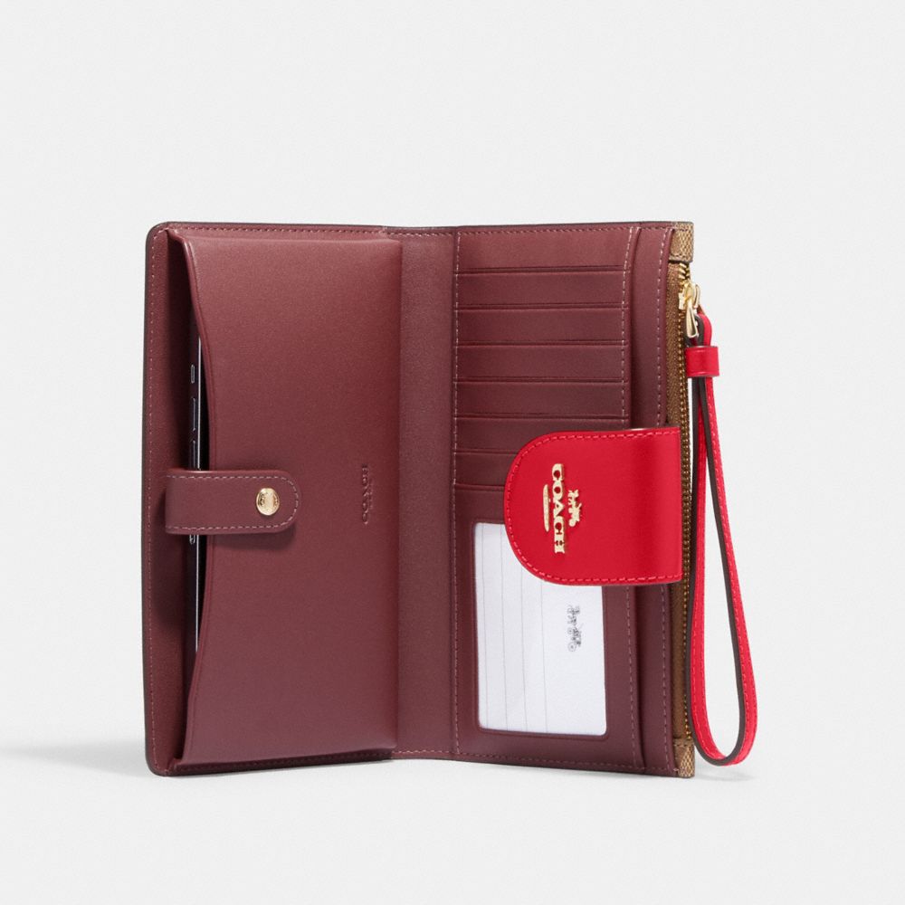 COACH®,PHONE WALLET IN COLORBLOCK SIGNATURE CANVAS,pvc,Im/Khaki/Electric Red,Inside View,Top View