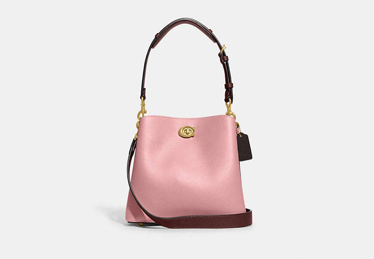 COACH®,WILLOW BUCKET BAG IN COLORBLOCK,Pebble Leather,Medium,Brass/Bubblegum Multi,Front View